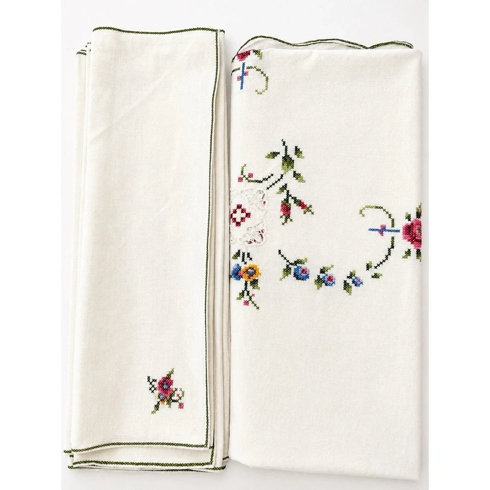 Vintage Hand Embroidered Linen Cross Stitch Tablecloth 7 Napkins Floral 63 x 63